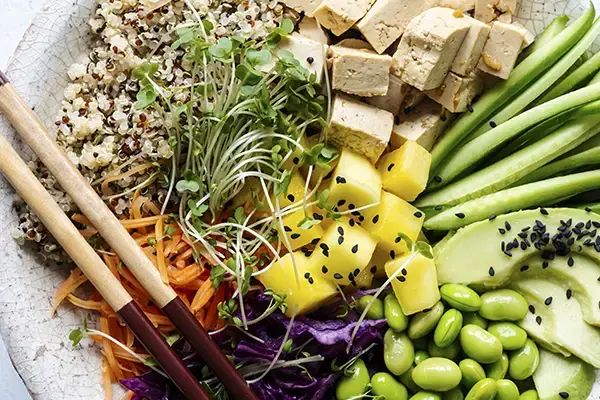 Fraicheur d'avocat, crudités, grains de blé et dés de tofu